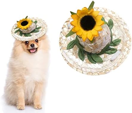 צווארון כלבים רחב מרופד עור קש חיות מחמד כובע אביב קיץ Sunhat עם כובע חתול כלב פרחים עם מיתר מתכוונן למסיבת חתול