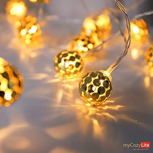 אורות מיתר מיתר מיתר מיתר מיתרים של Mycozylite LED, 20 גלובוס זהב נוצץ, מיתר אורות חמוד עם טיימר, 10ft, מופעל