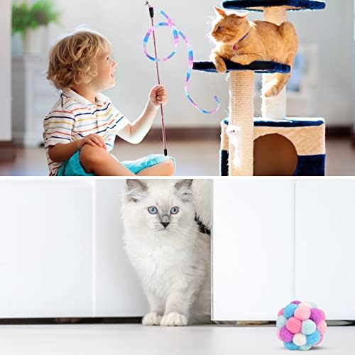 צעצועי חתול טוסאטי סט 3 חבילות, צעצועי שרביט חתול קשת, מחרוזת חתול וכדור חתול עם צעצועי פעמון וחתול, צעצועי