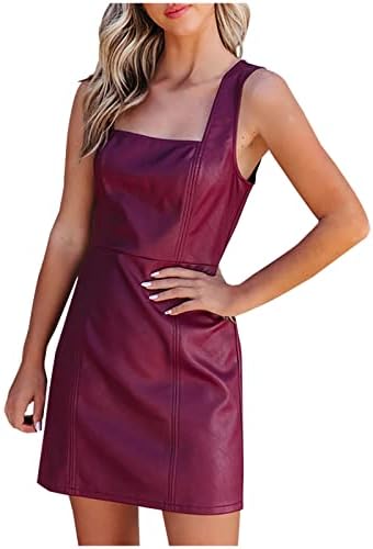 שמלה מזדמן לנשים כיכר צווארון שרוולים קלע עור שמלת קיץ טרנדי מוצק צבע טנק שמלת חוף שמלה