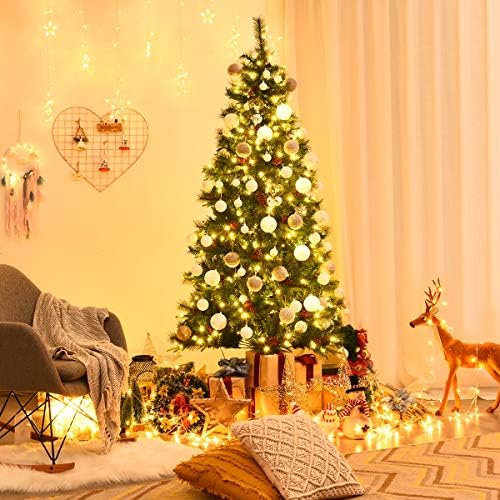 Goplus 7 ft עץ חג מולד מלאכותי לפני מואר, עץ חג המולד צירים w/ 350 נורות LED ומעמד מתכת, עץ חג המולד לעיצוב חג פנימי חיצוני