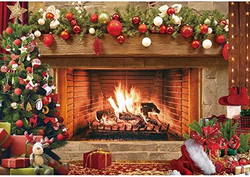 MSOCIO 10x8ft בד פוליאסטר עמיד באח חג חג המולד תפאורה וינטג 'חג המולד עץ גרב מתנות קישודים לצילום רקע למסיבה
