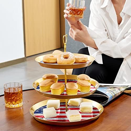עמדת עוגות סט 3 דוכני קאפקייקס שכבה פלטת מאפה לשימוש חוזר לקישוטים למסיבות תה ליום הולדת, רטרו דגל אמריקאי