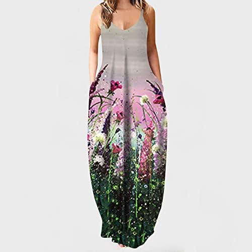 שמלה בוהמית לנשים ללא שרוולים פרח עניבה צבע ארוך מקסי שמלות עם כיס רופף חופשה חוף שמלה קיצית