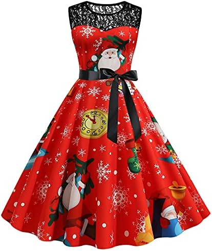 נשים של חג המולד בציר שמלות מצחיק חג המולד גרפי הדפסת שמלת שנות ה -50 תחרה ללא שרוולים רטרו קוקטייל מסיבת