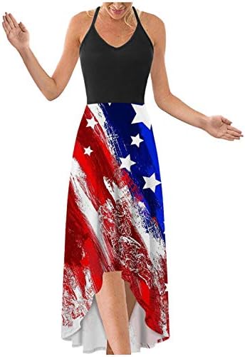 4 ביולי מקסי שמלות לנשים מקרית קיץ בוהו שמלת ארה ב דגל סקופ צוואר קאמי שרוולים כוכבים פסים שמלה קיצית