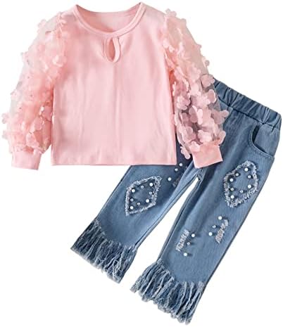 בגדי תינוקת פרח תחרה תחרה חולצת שרוול וג'ינס ג'ינס מכנסי שמלה ייחודית תלבושות לתינוקות