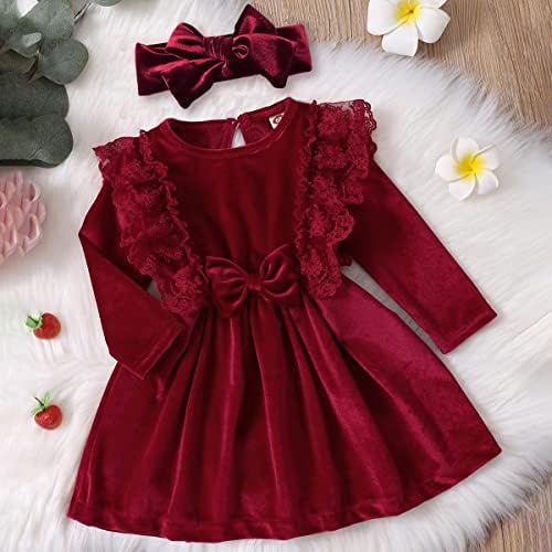 תינוקות לתינוקות שמלת פרוע תחרה לקטיפה לילדים שמלות ערב וינטג 'עם תלבושת חורף מסיבת חג המולד