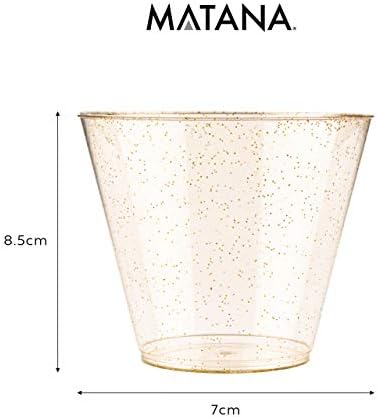 Matana 60 PCS 9oz Gold Glitter Glitter Cums Party, כוסות פלסטיק צלולות, כובעי פלסטיק, כוסות יין מפלסטיק, כוסות