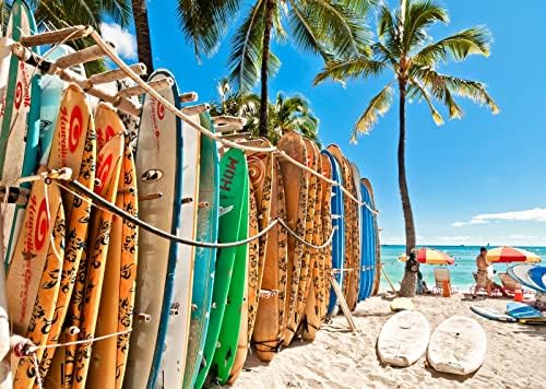 בד לוקקור 15x10ft גלשן קיץ חוף תפאורה שמיים אוקיינוס ​​עלי דקל טרופי גלשן צילום רקע רקע מסיבת Aloha ציוד קישוטי