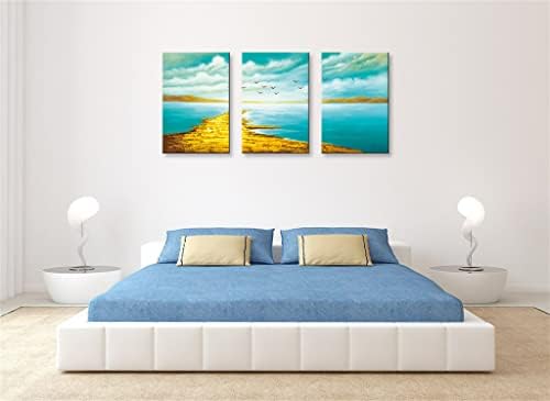 מרקם כחול וזהב נוף ימי ציור בעבודת יד חוף בד קיר אמנות 3 חתיכות מופשט יצירות אמנות לסלון חדר שינה חדר אמבטיה