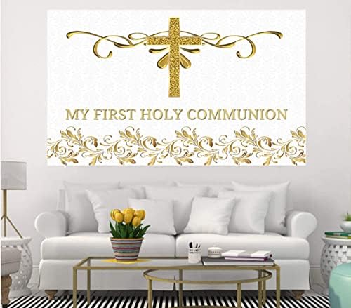 תפאורה ראשונה של הקודש הקדוש שלי גליטר זהב צלב זהב ברך טבילה רקע רקע שולחן לבן באנר אבזרי ויניל