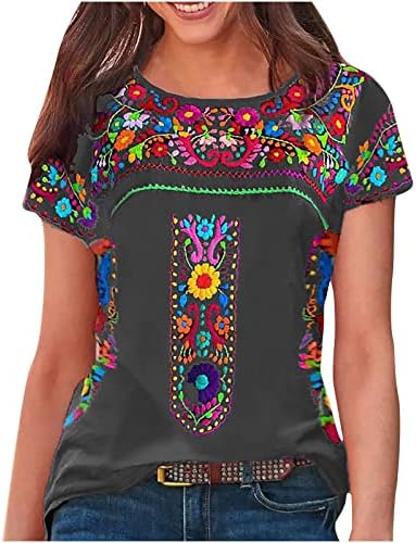 מקסיקני קצר שרוול טי חולצות לנשים בציר פרחוני הדפסת רופף קיץ חולצות מערבי אתני סגנון בוהו חולצות