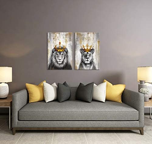 ZLOVE 2 יצירות חיה קינג קיר אמנות אריה ולביאה עם כתר אפור ויצירות אמנות רומנטיות זהב לחדר שינה קישוט בית