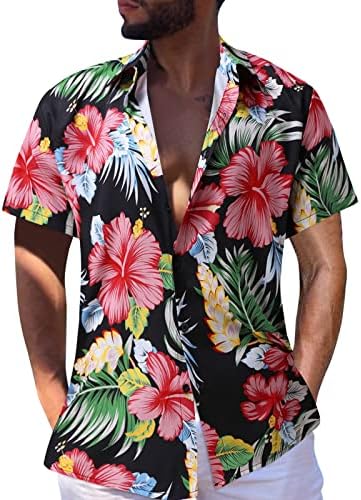 חולצות הוואי של Beuu Mens, שרוול קצר בקיץ כפתור הדפס פרחוני טרופי למטה כושר רגוע בכושר חוף חוף אלוהה