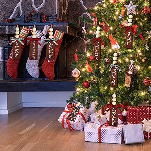 4 חתיכות חג חג המולד גרב עץ תגיות עץ תג עץ מתווה עם Buffalo Bowknot וחרוזי עץ עץ חג המולד עץ חג המולד ריק קישוט תלוי