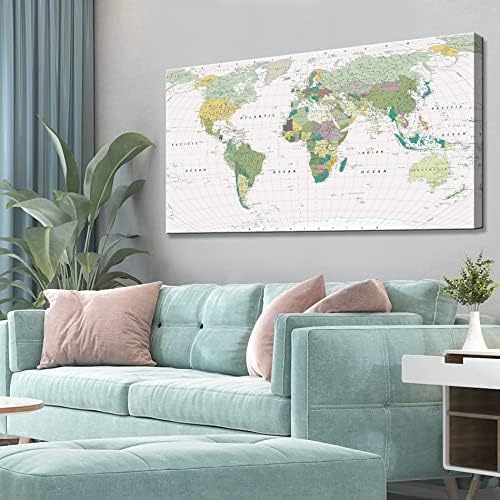 קיר מפת העולם של העולם בד קיר תפאורה פוסטר ממוסגר נמתח ירוק מפת בד קיר אמנות לסלון חדר שינה משרד עיצוב הבית גדול גודל