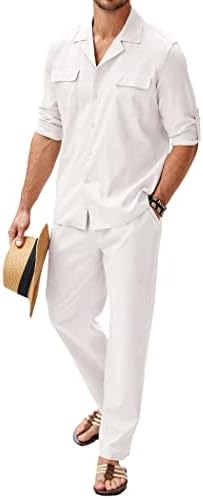 קואופנדי גברים 2 חתיכות כותנה פשתן כפתור כפתור למטה חולצה שרוול ארוך מכנסי חוף מזדמנים תלבושות יוגה קיץ