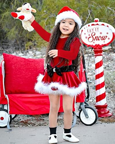 Woshilaocai פעוטות תינוקות לבנות חג המולד שמלת קטיפה שמלת קשת עם שמלות חג למסיבת כובע לתמונה