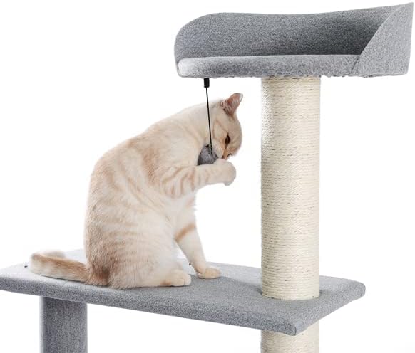 Boerlky Modern Modern Cat Tree מגדל חתול עם עמדות שריטות, דירה נעימה, ערסל רך ומוט עליון, כדור משתלשל לאפור