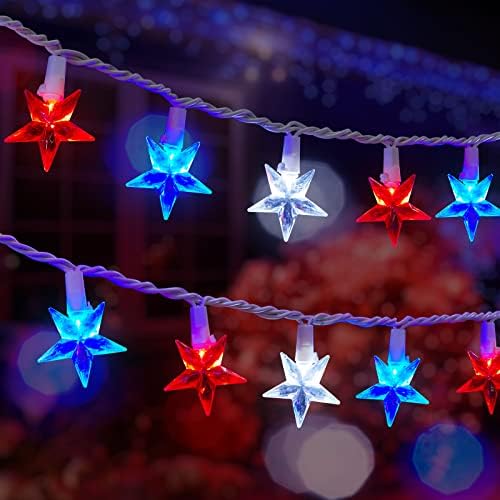 דקור 4 ביולי אורות מחרוזת כוכבים כחולים לבנים אדומים, 17ft 50 LED אטום מים אטומי LED פטריוטיים פטריוטיים אורות