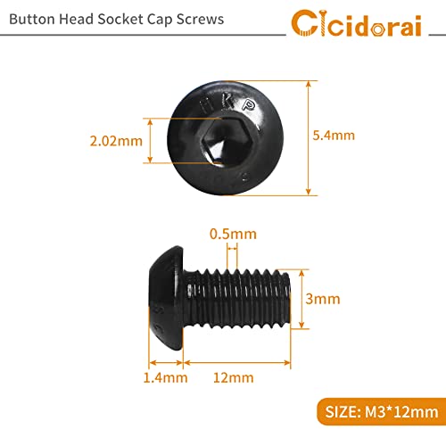 Cicidorai M3-0.5 x 8 ממ כפתור כפתור ברגי ברגי ברגי כובע, 10.9 פלדת סגסוגת כיתה, גימור תחמוצת שחורה, חוט מכונה, כונן שקע אלן,