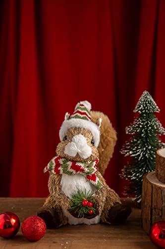 אויב טבעי 10.6 אינץ 'סיסל סנאי תפאורה פסלון עם כובע סנטה לעיצוב בית חג המולד, פסלוני בעלי חיים טבעיים כקישוטים