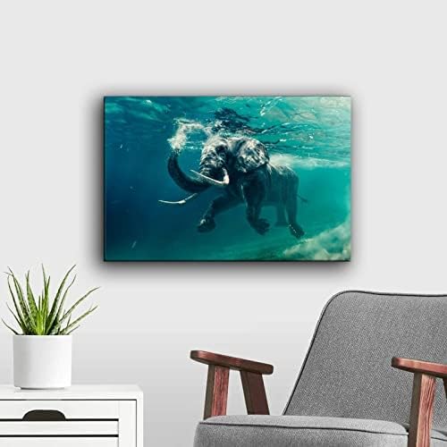 שמחה שחייה פיל פיל מתחת למים, אפריקה פיל פיל מדהים הדפס בד תמונה, צילום אוקיינוס ​​עיצוב קיר, חיות בר אמנות
