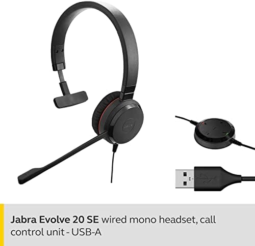 Jabra Evolve 20 SE UC Mono אוזניות-אוזניות תקשורת אחידות עבור Povip Softphone עם ביטול רעש פסיבי-כבל USB-A עם בקר-שחור