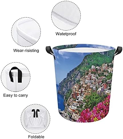 Foduoduo סל כביסה נוף נוף של Positano Amalfi נאפולי פרחים פורחים כביסה מכבסה עם ידיות פטיש מתקפל שקית אחסון