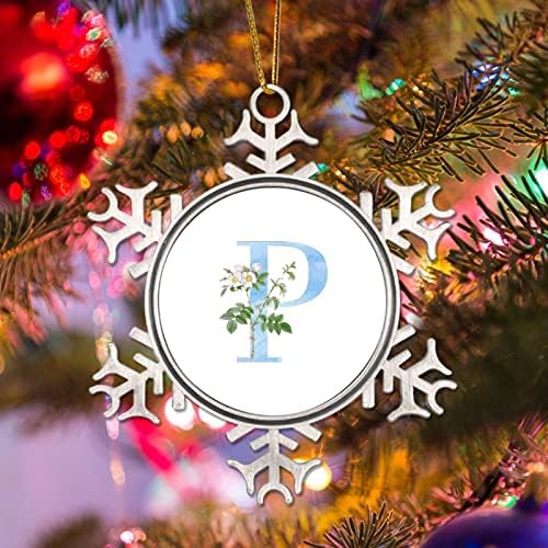 מונוגרמה בהתאמה אישית כחולה אות ראשונית מכתב P קישוטי חג המולד דייזי חיננית פרחונית בצבע מים כחול מכתב מצחיק חג המולד