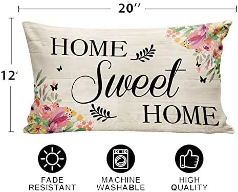 Hhercicim Home Sweet Home Fillow Covers, כיסוי כרית של פרחי חווה אביביים לזרוק כרית לעיצוב הבית 20 x 12 אינץ '