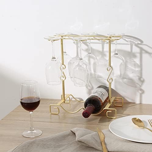 מתלה כוס יין מתכת מתכת מתכת, מתלה תצוגת זכוכית יין אנכית, אחסון מונה למטבח לכוסות יין וקישוט, מחזיק 2 בקבוקים של 6 כוסות/זהב