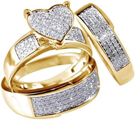 טבעות נישואין לנשים 3 יח' סט תכשיטים חדשים לב צהוב מלא זהב לבן ספיר טבעת נישואין 6-10 מתנה טובה לחברה, חבר, משפחה