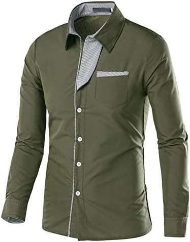 חולצת שמלה רזה של גברים כותנה ניגודיות כותנה כפתור כפתור למטה חולצות שרוול ארוך מזדמן חולצה עם כיס