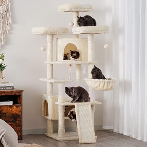 מגדל חתולים גדול לחתולים מקורה, דירת ריהוט חתולים רב מפלסית לחתולים עם 3 מוטות קטיפה מרופדות, סל נעים ולוח גירוד