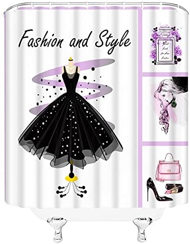 Uiuunsik שמלות ג'יניות וילון מקלחת אופנה ילדה שמלה שחורה בושם עקבים גבוהים שפתון איפור קוסמטיקה סגול ליידי דקור