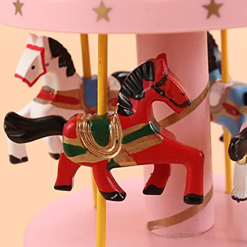 קופסת מוסיקה של קרוסלה של Lifkome, קופסת מוסיקה קרוסלת עץ 3- פסלון סוסים קופסת מוזיקה מסתובבת.