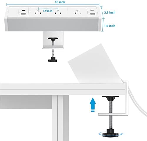 רצועת חשמל מהדק שולחן, 1875W רצועת חשמל שולחנית עבור הר השולחן קצה, 2 USB A, 2 יציאות USB C, 3 שקעי AC תחנת יציאה מרווחת שולחן