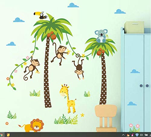 כפפת עץ קיר מדבקות בית תפאורה חיות גן חיות קוף קוקוס עץ טרופי ג ' ונגל ילדים משתלת תינוק חדר ילדים מדבקות