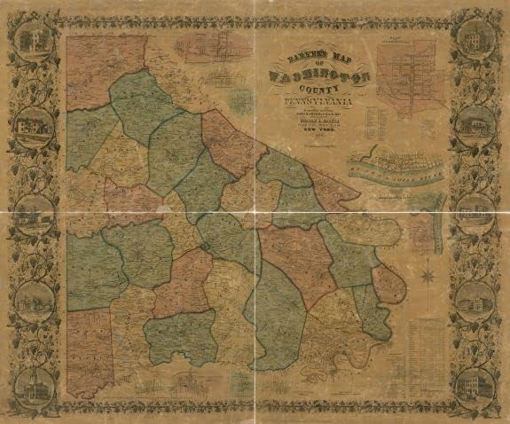 תמונות אינסופיות 1856 מפה / מפת בארקר של מחוז וושינגטון, פנסילבניה: מסקרים בפועל / ביל