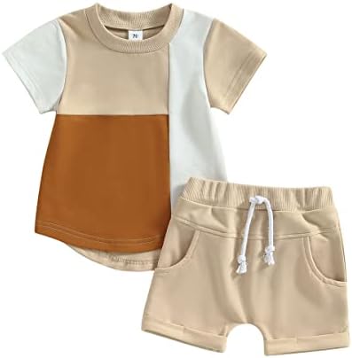 פעוט תינוקות תינוק בגדי קיץ שרוול קצר ניגודיות צבע חולצת חולצה צמרת מכנסיים קצרים אלסטיים מוצקים סט תלבושת חמוד