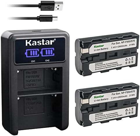 KASTAR 3-PACK NP-F570 סוללה ו- LED2 מטען USB תואם ל- PLM-100 PLM-50 PLM-A35 PLM-A55 Q002-HDR1 UPX-2000 NEX-EA50M