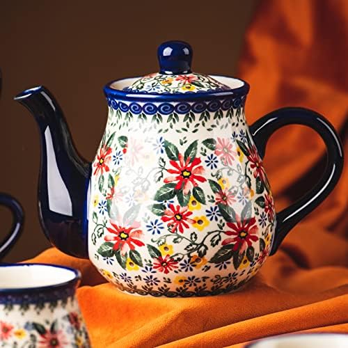 אונצ'י סגנון חרס פולני קרמיקה קרמיקה 10 חלקים, כוס תה 7.2oz ורוטב סט של 4,28.2oz קומקום ומגש 1 עץ.