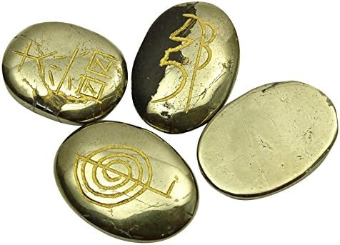 הרמוניזציה של פיריט אבן צורה סגלגלה סט של 4 חתיכות סמל קרונה רייקי ריפוי קריסטל רוחני