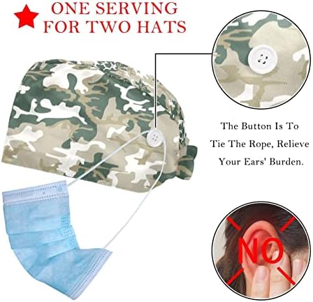 2 חתיכות כובעים עובדים עם כפתורי כפתורים קשירה לאחור כובעי בופנט כיסוי שיער נושם, דפוס הסוואה של חייל צבאי
