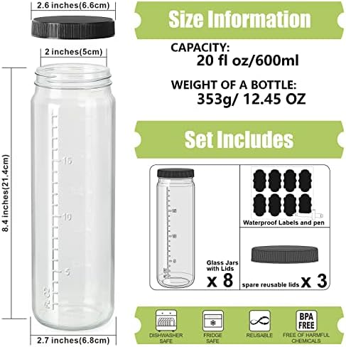 20 גרם בקבוקי יריית מיץ זכוכית לשימוש חוזר עם מכסים אטומים, בקבוקי זכוכית עם סמן בקנה מידה למים, חלב, צנצנות