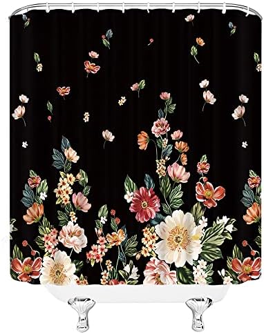 ASVEAS וילון מקלחת פרחוני שחור פרח פרחי בר פרח בוטני בוהו טבע פורח בצבע מים בצבע צמח ביתי סט תפאורה עם ווים （70 WX70
