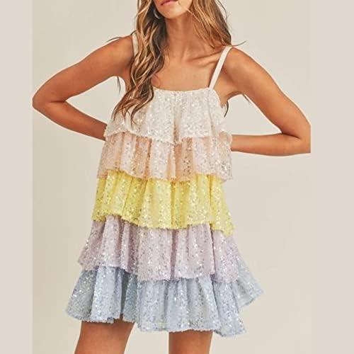 נשים קיץ מיני שמלות טרנדי ספגטי רצועת שרוולים גב פתוח שכבות לפרוע צבע בלוק נצנצים קצר שמלה