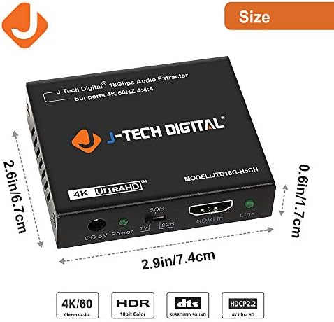 J-TECH דיגיטלי 4K 60Hz HDMI Audio Extractor ממיר SPDIF + 3.5 ממ פלט תומך ב- HDMI 2.0, רוחב פס 18GPBS, HDCP 2.2, HDR10